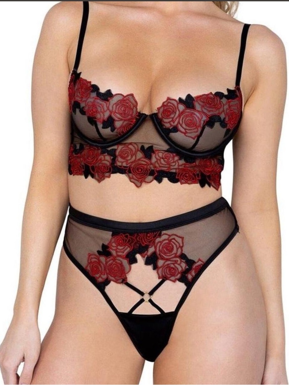 NWT Roma Black Sheer Bralette & High-Waist Panty Set with Red Rose Embroidery